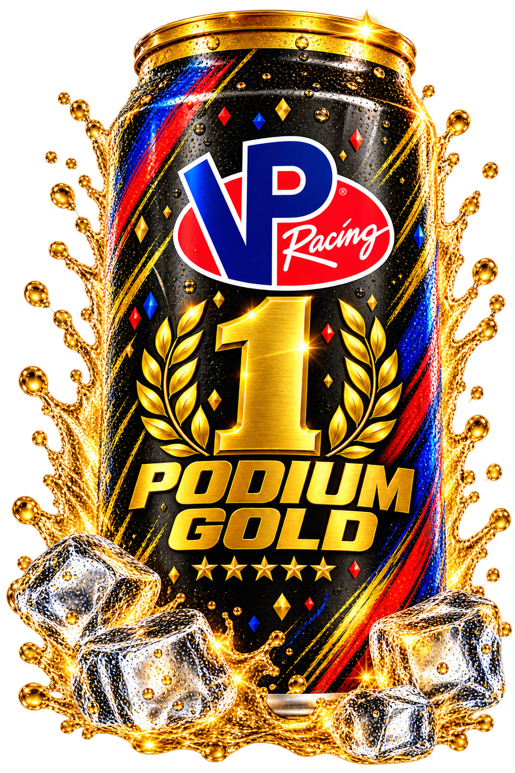 Cerveza VP Racing Podium Gold con hielo y salpicaduras